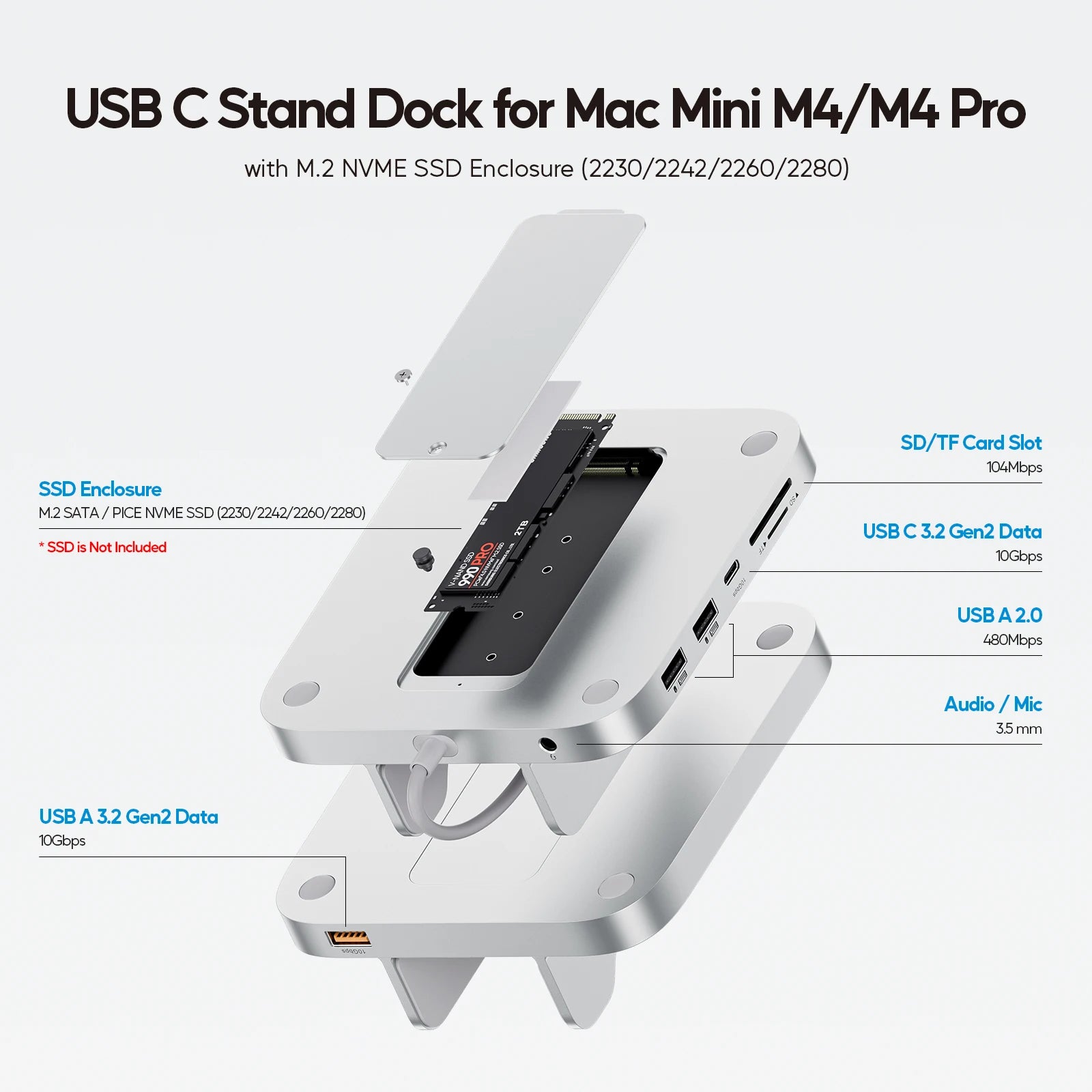PULWTOP Mac Mini M4 Dock with M.2 SSD Slot 4TB and SD TF Reader