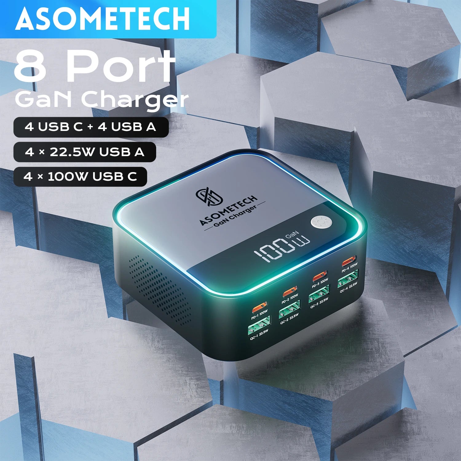 ASOMETECH 100W GaN 8-Port Fast Charger with Digital Display