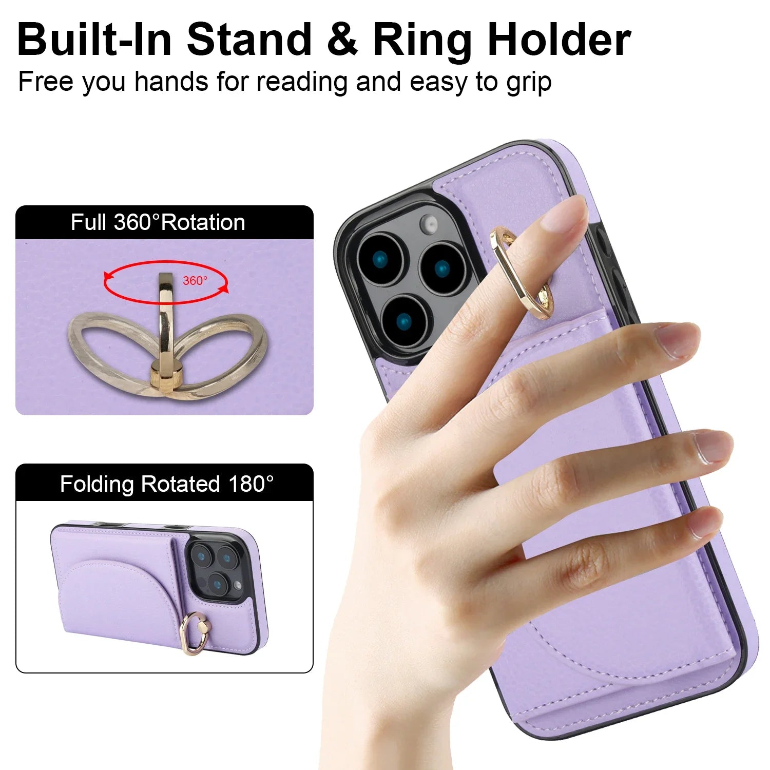 iPhone 16 Series Leather Wallet Case with Card Holder & Ring Kickstand