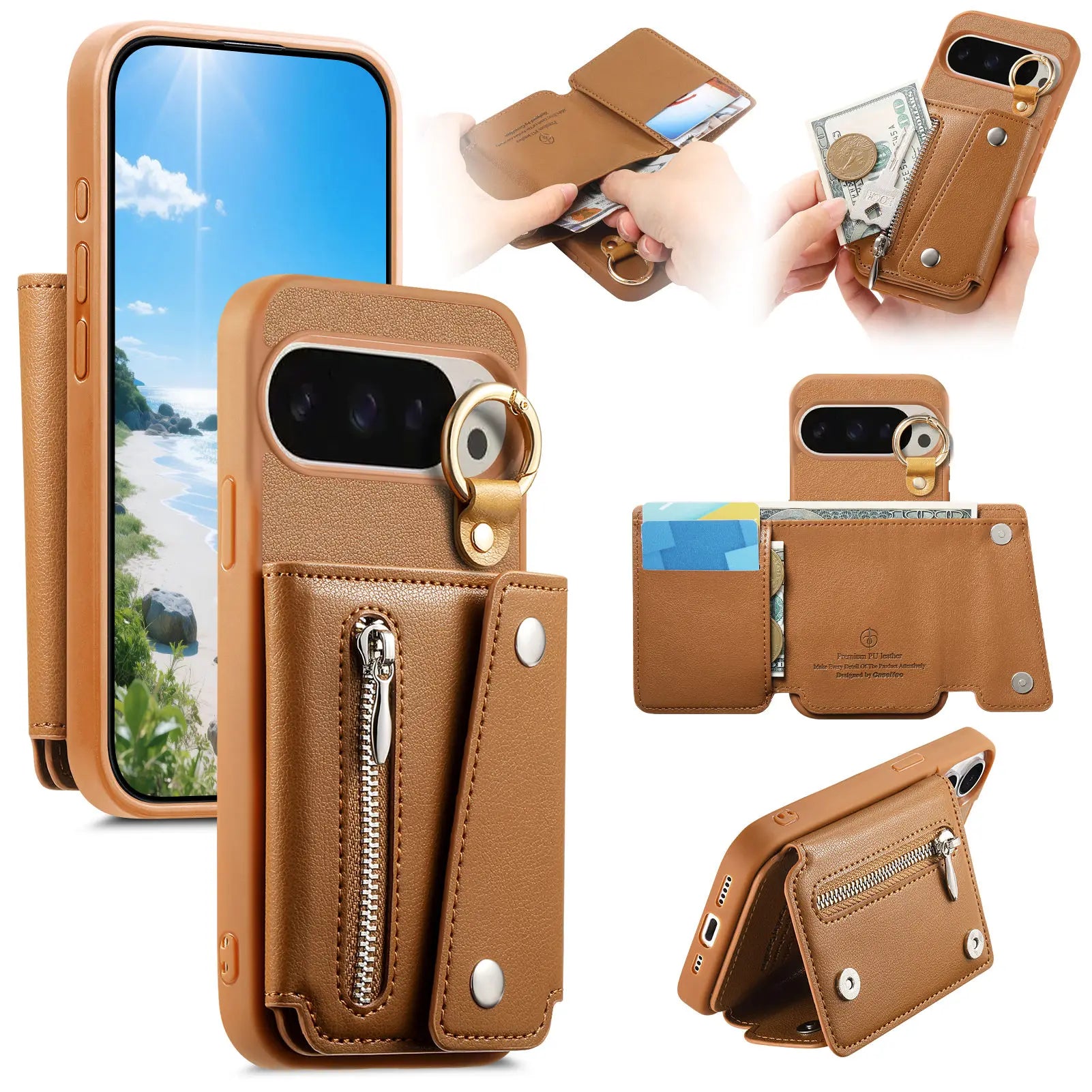 Zipper Wallet Leather Flip Case with Ring Holder for Google Pixel 9 Series