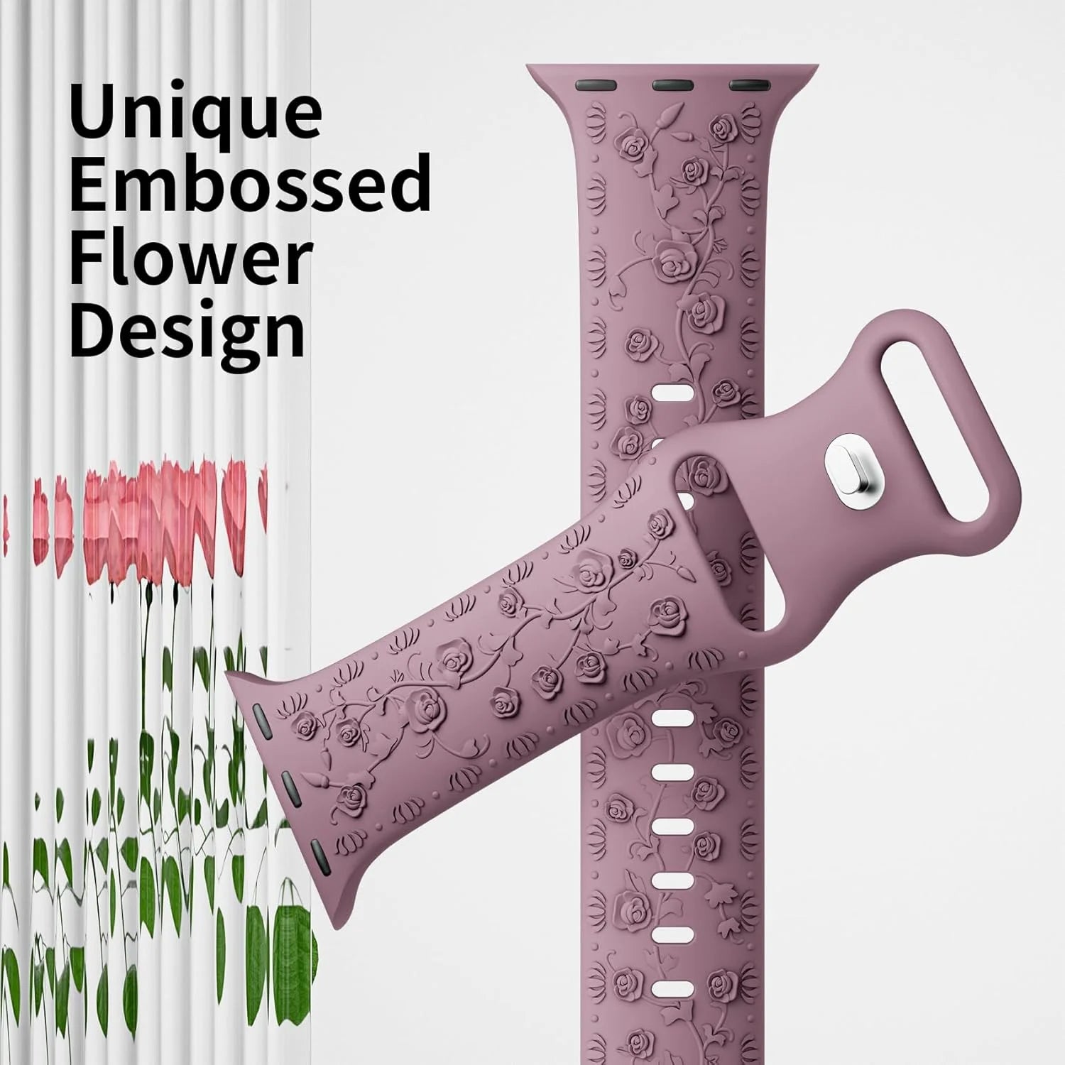 Rose Floral Engraved Strap Replacement Band for Apple Watch