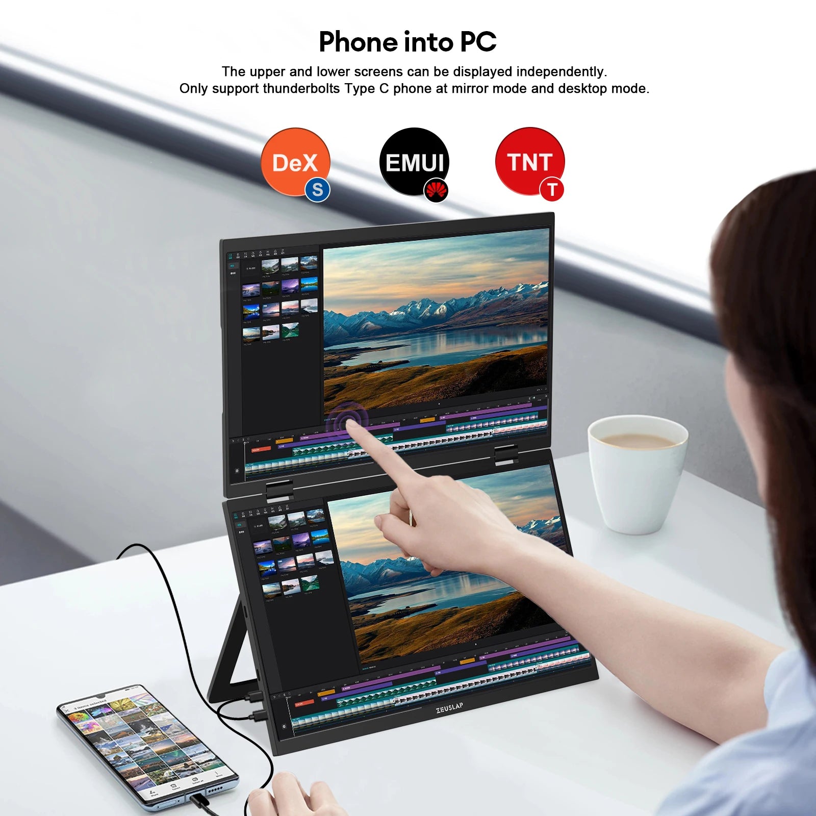 ZEUSLAP 15.6'' Dual Touch Stacked Foldable Portable Monitor Screen Extender for Windows & Mac OS with Driver Included