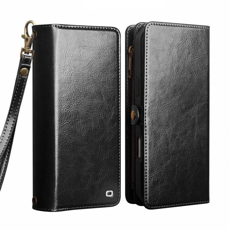 Genuine Leather Detachable Wallet Case with Wrist Strap for iPhone 17 Pro Max