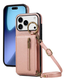 Multi-Functional Crossbody Leather Wallet Case with Ring Holder & Zipper for iPhone 17 Series