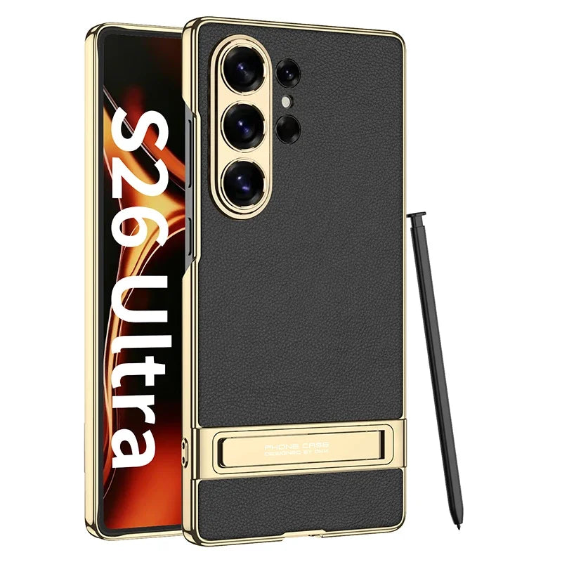 Luxury Matte Leather Case with Hidden Kickstand for Samsung Galaxy S26 Ultra
