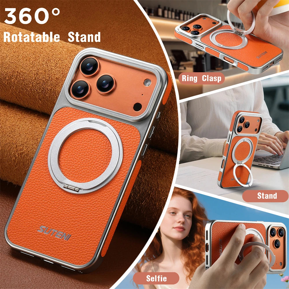 Litchi Texture MagSafe Case with Built-in Ring Stand for iPhone 17 Series