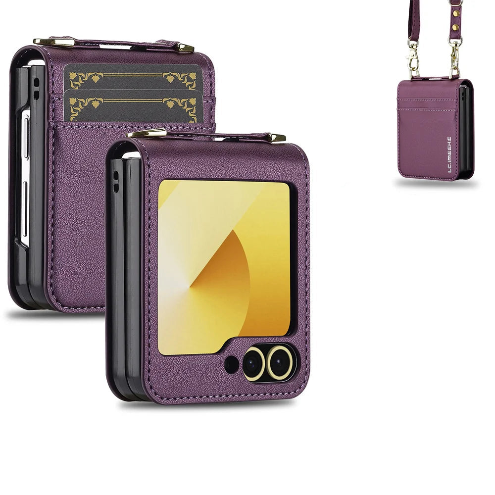 Samsung Galaxy Z Flip 6 Leather Case with Wrist Strap and Card Holder