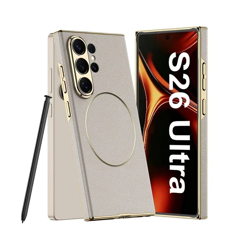 Luxury Electroplated Vegan Leather Magnetic Case for Samsung Galaxy S26 Ultra
