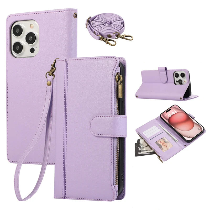 Leather Crossbody Wallet Case with Card Holder & Wrist Strap for iPhone 15 Series