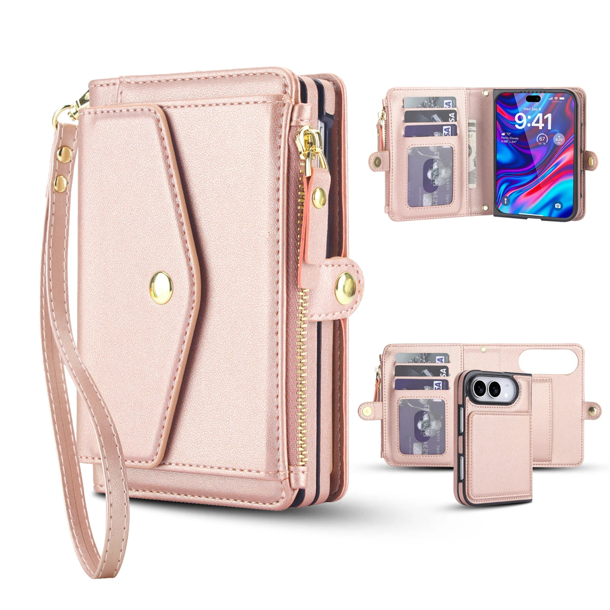 3-Card Detachable Magnetic Wallet Case with Convertible Lanyard Strap for iPhone Duo