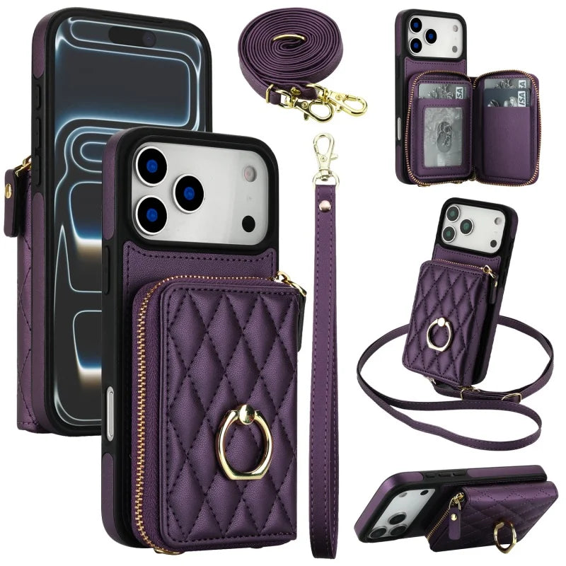 Leather Wallet Phone Case with Adjustable Lanyard for iPhone 17 Series