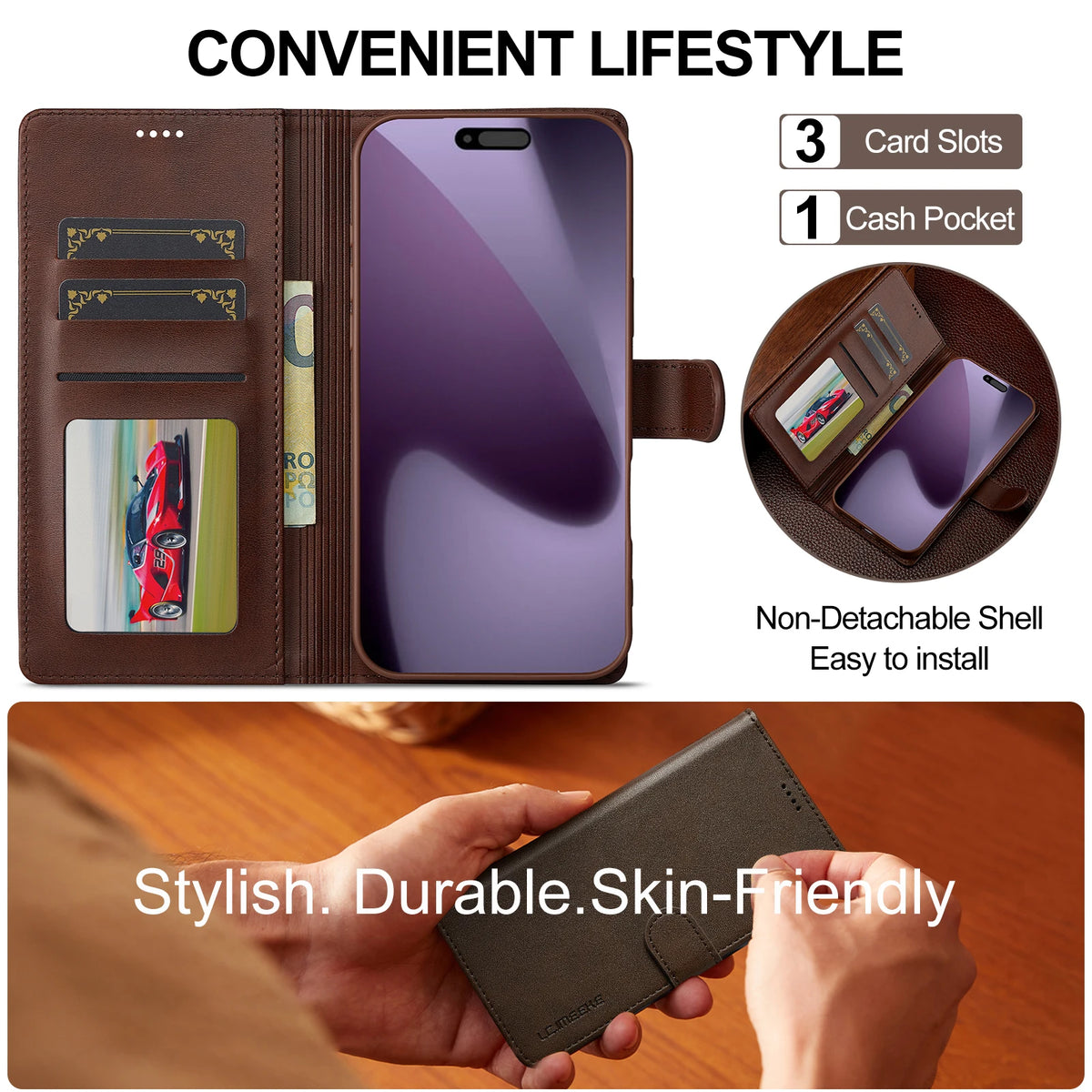 Leather Wallet Case with Magnetic Buckle Closure for iPhone 18 Series