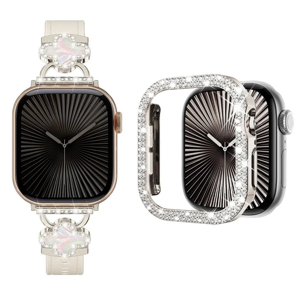 Elegant Leather Bracelet Strap with Dimond Case for Apple Watch Series 10