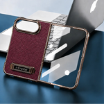 Leather-Texture Electroplated Kickstand Case with Metal Built-In Stand for iPhone Duo
