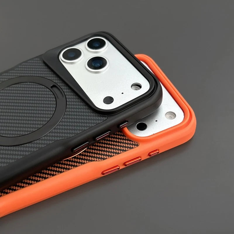 Premium Carbon Fiber Texture MagSafe Case with Bracket for iPhone 17 Series