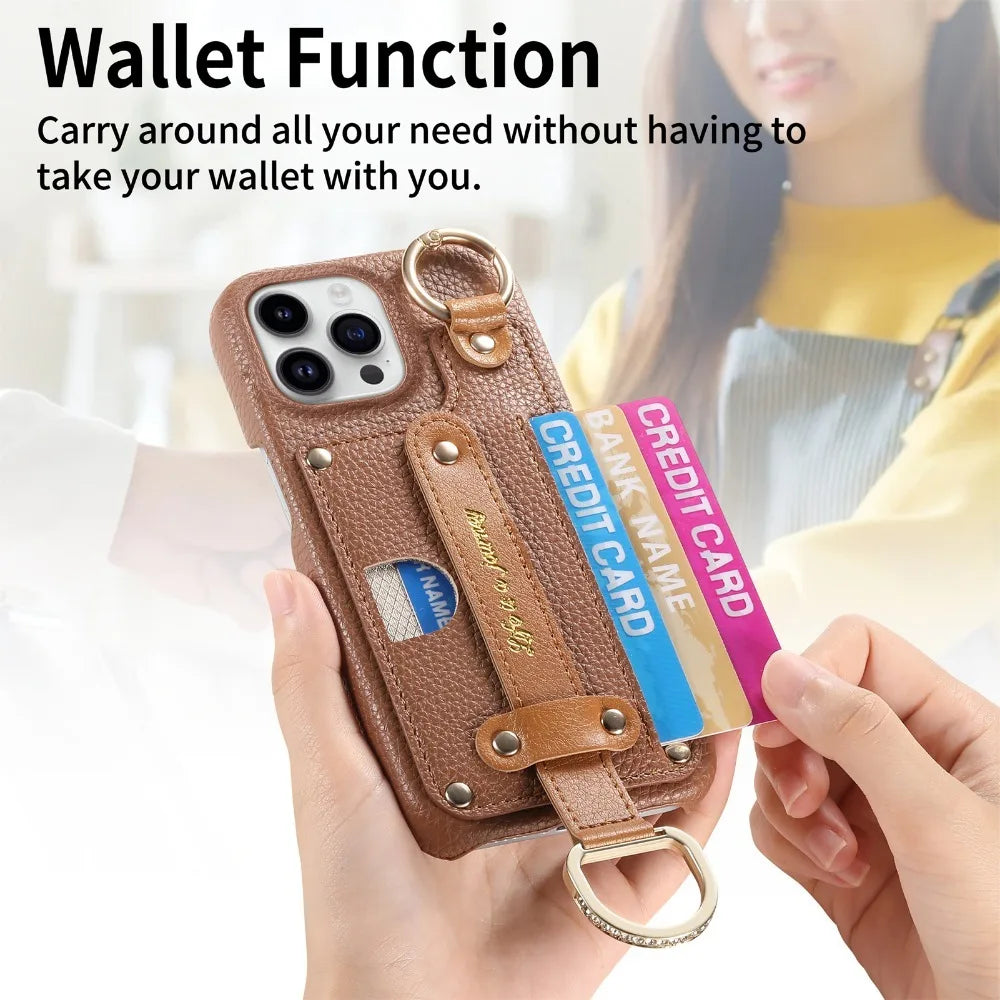 iPhone 15 Series Leather Wallet Case with Wrist Strap & Card Holder