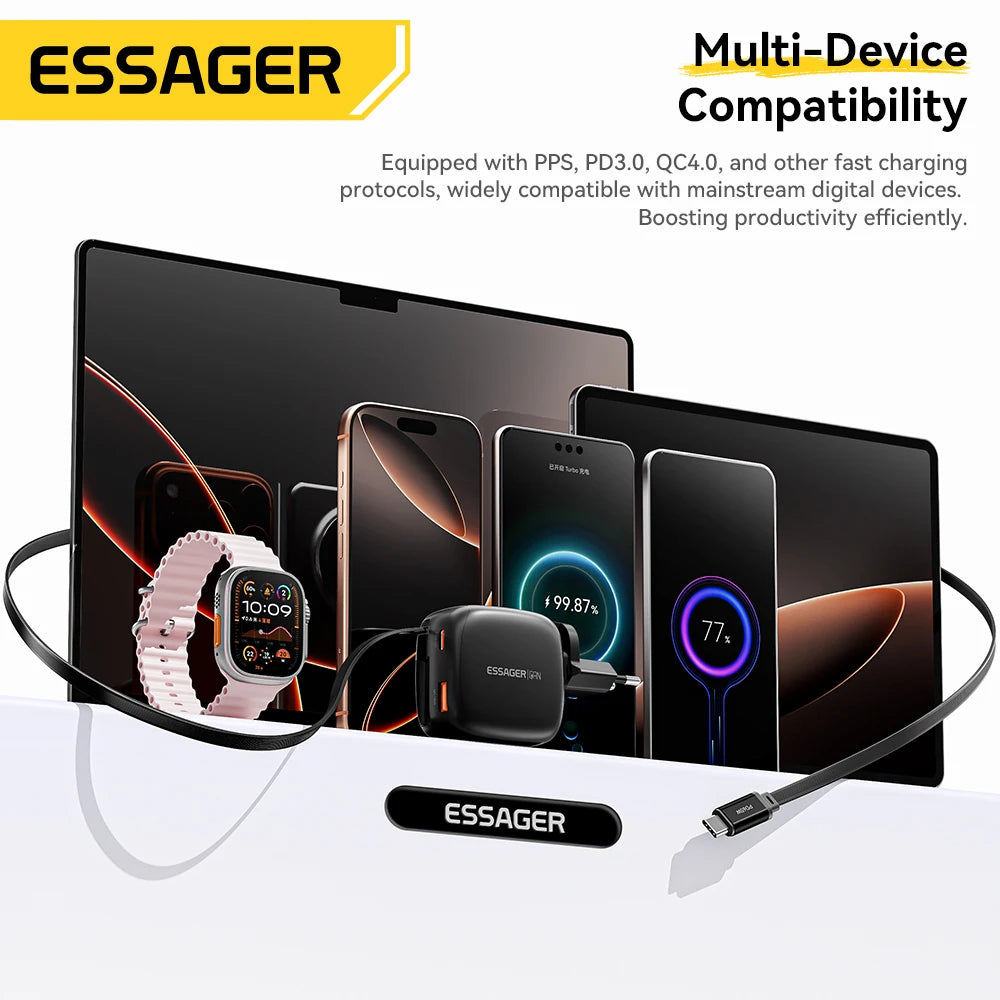 Essager 65W GaN Fast Charger with Retractable Type-C Cable