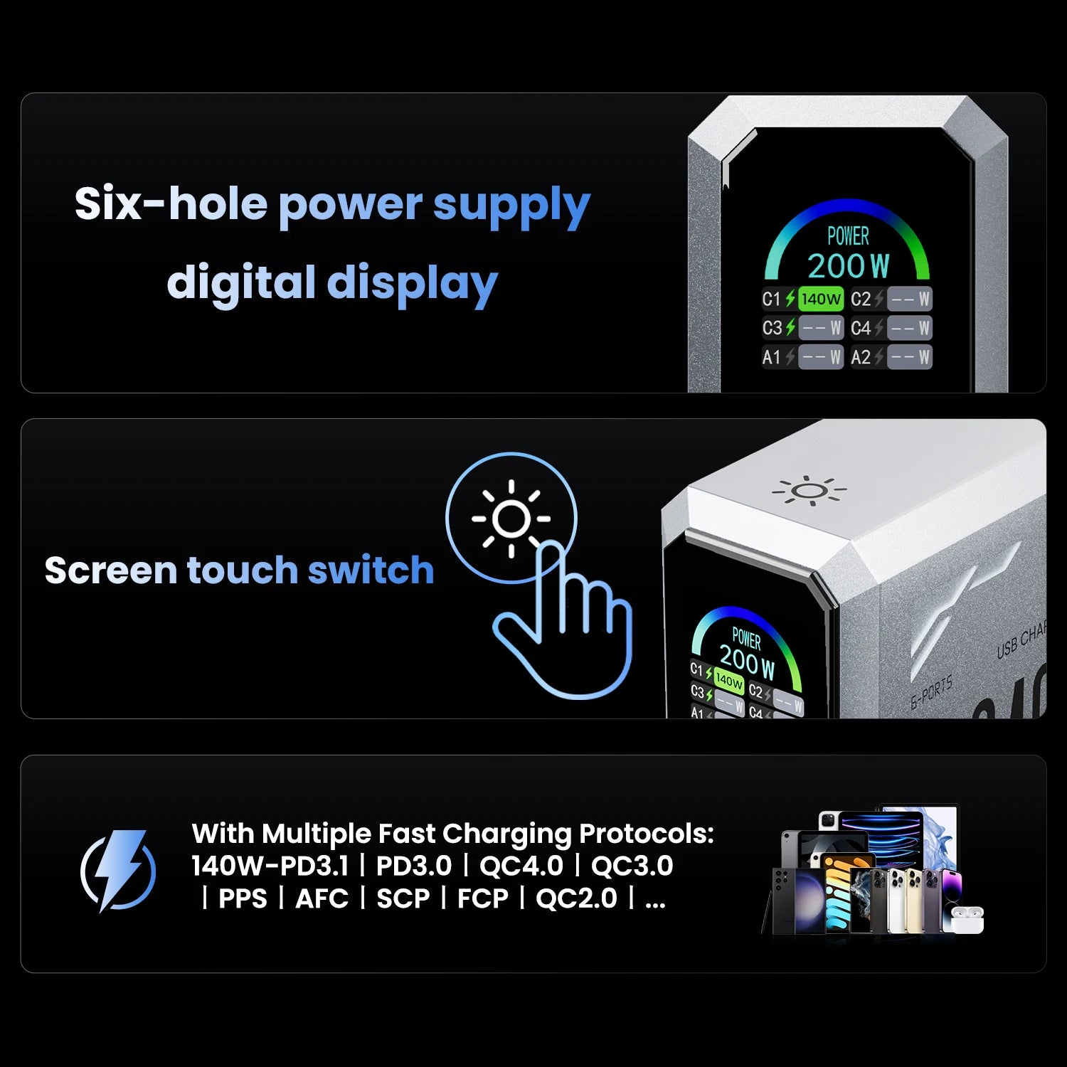 ASOMETECH 240W 6-in-1 GaN Charging Station with Digital Display