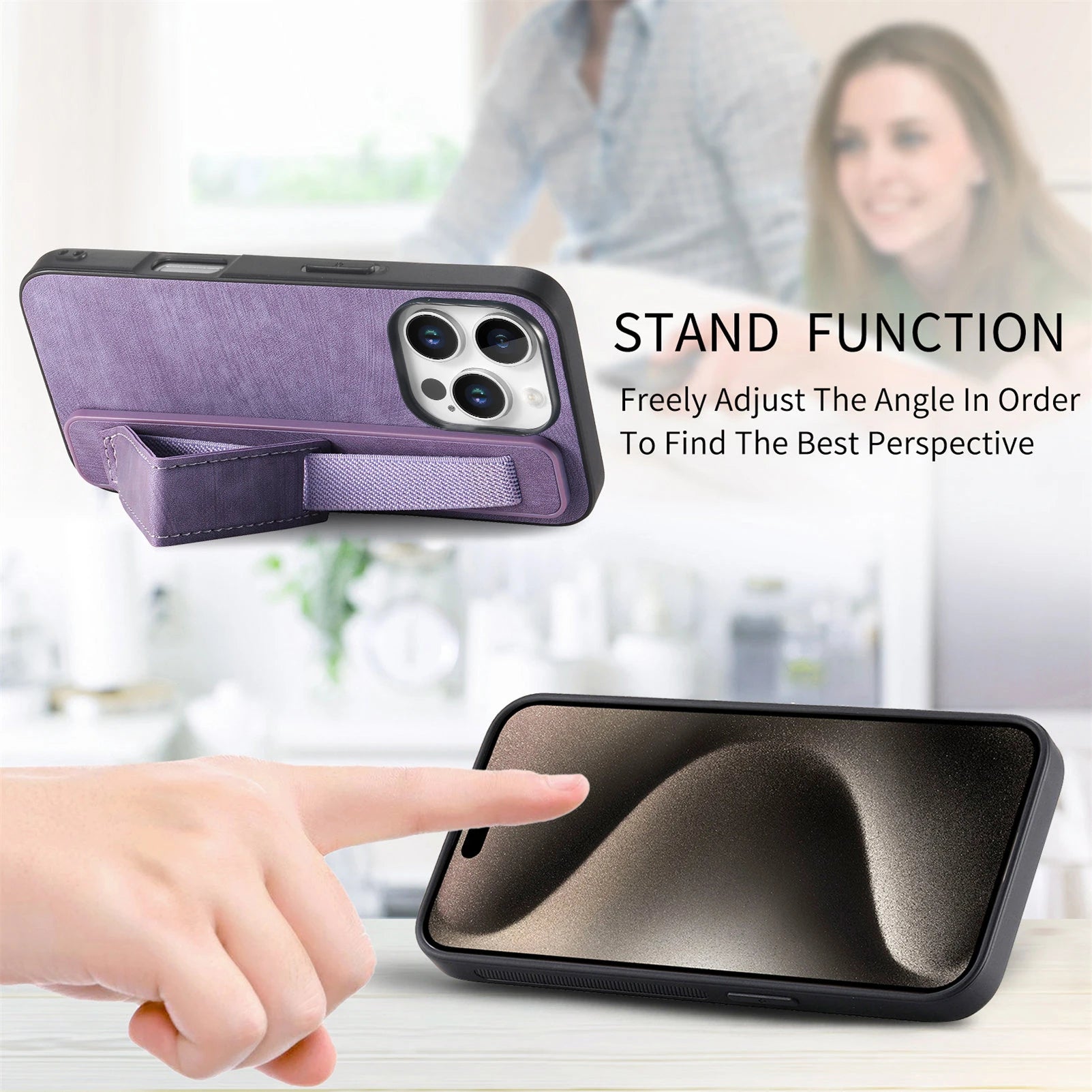 Leather Kickstand Wrist Strap Case for iPhone 16 Series