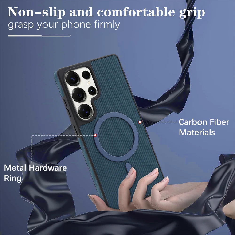 Ultra-Thin Luxury Magnetic Case for Samsung Galaxy S26 with Carbon Fiber & Leather Design