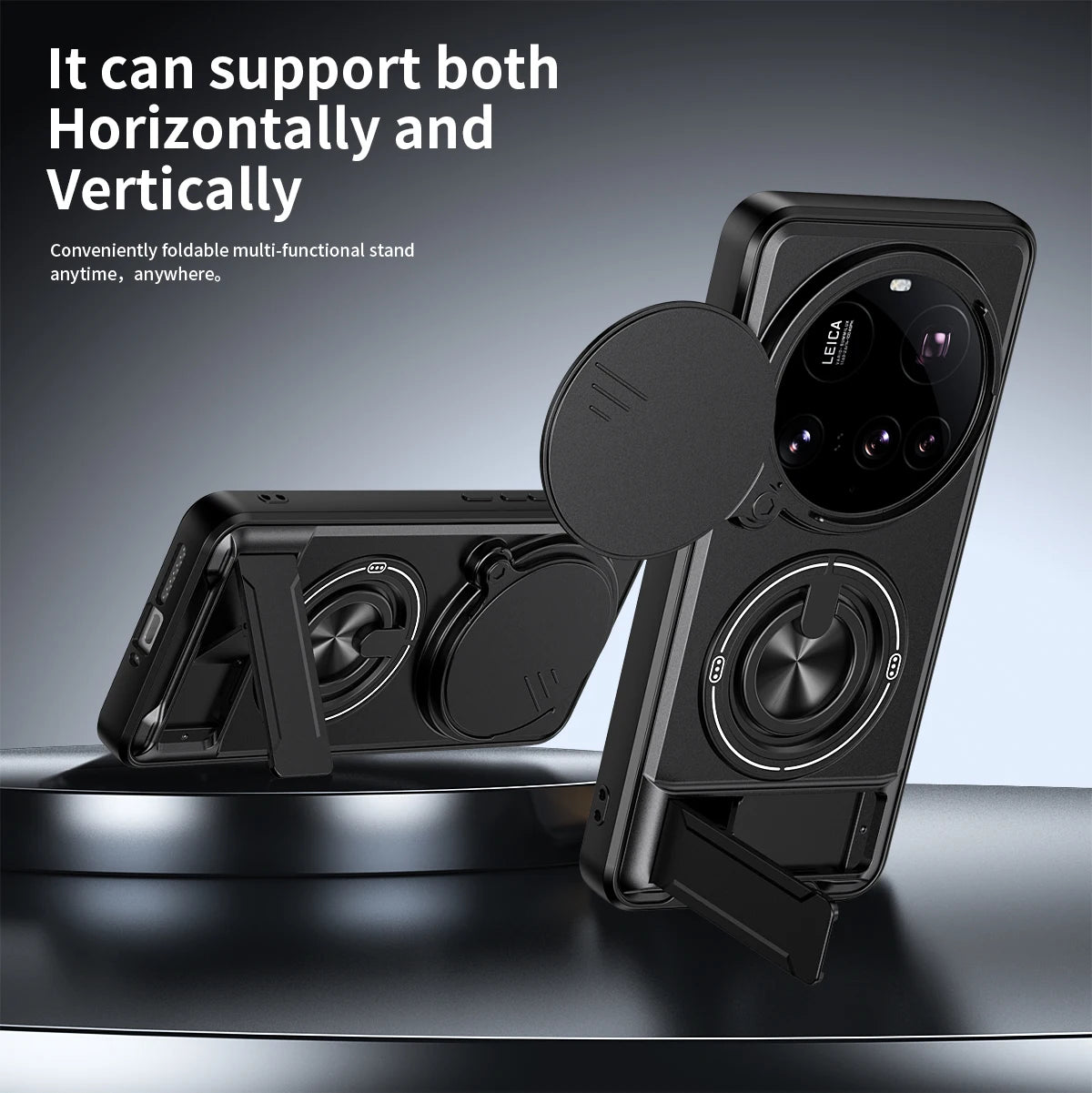 Sliding Lens Cover Armor Case with Rotating Ring Stand for Xiaomi 15 Ultra