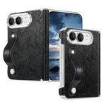 Embossed Floral Leather Case with Wrist Strap and Hinge Protection for iPhone Duo