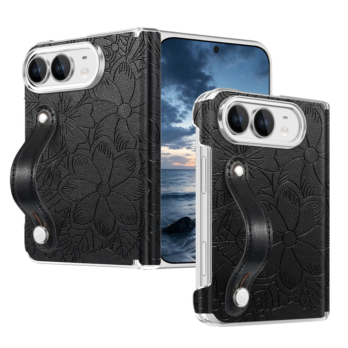 Embossed Floral Leather Case with Wrist Strap and Hinge Protection for iPhone Duo