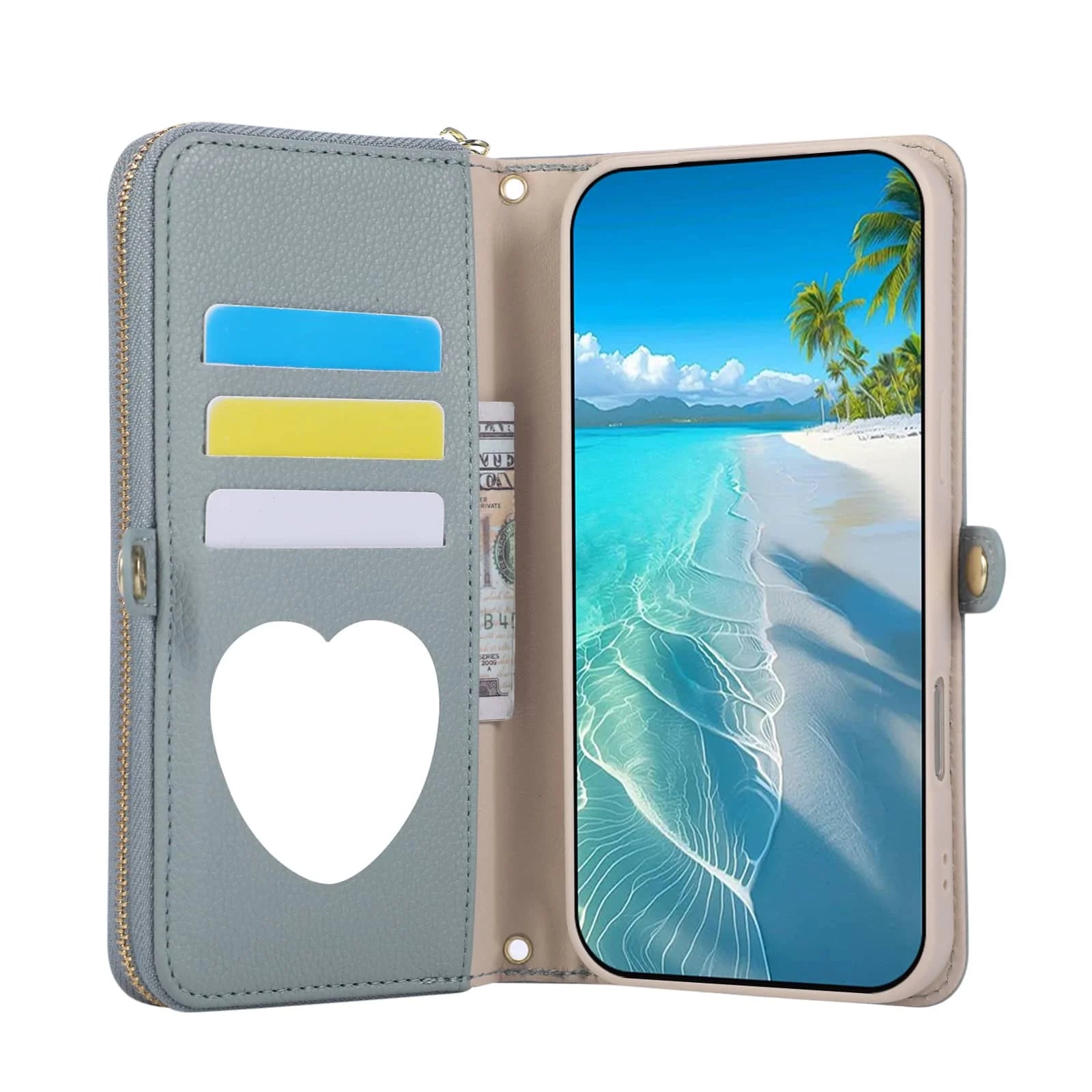 iPhone 15 Series Crossbody Wallet Case with Built-In Mirror and Kickstand