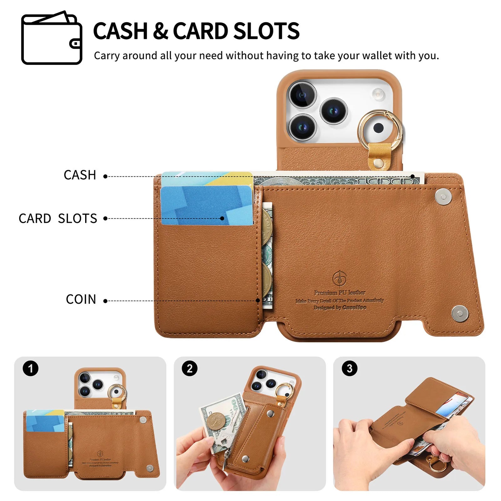 Zipper Wallet Leather Flip Case with Ring Holder for iPhone 17 Series