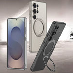 Electroplate Leather Shockproof Magnetic Case with Rotating Ring Bracket for Samsung Galaxy S25 Ultra