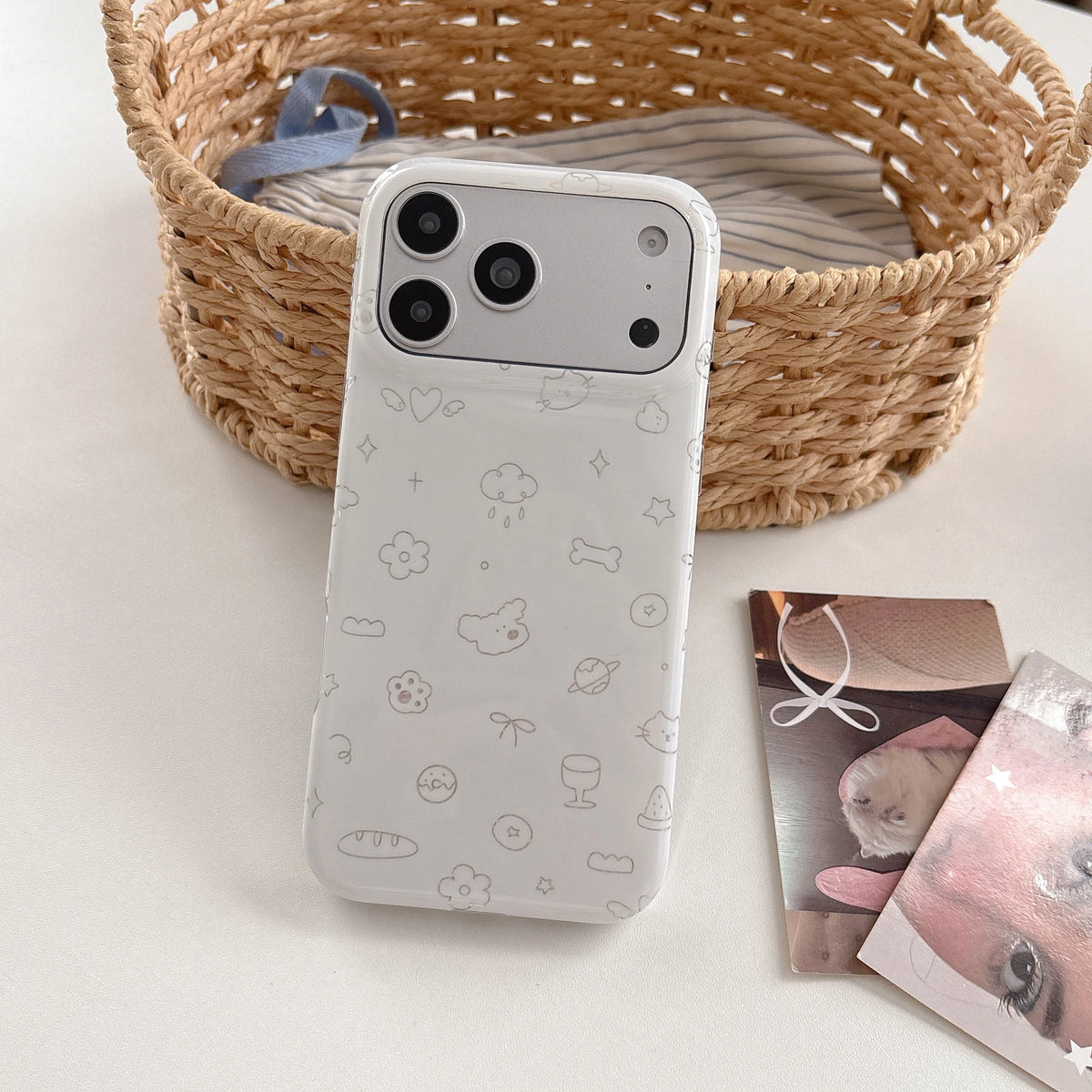 Glossy Kawaii Doodle Case with Raised Camera Ring for iPhone 17 Series
