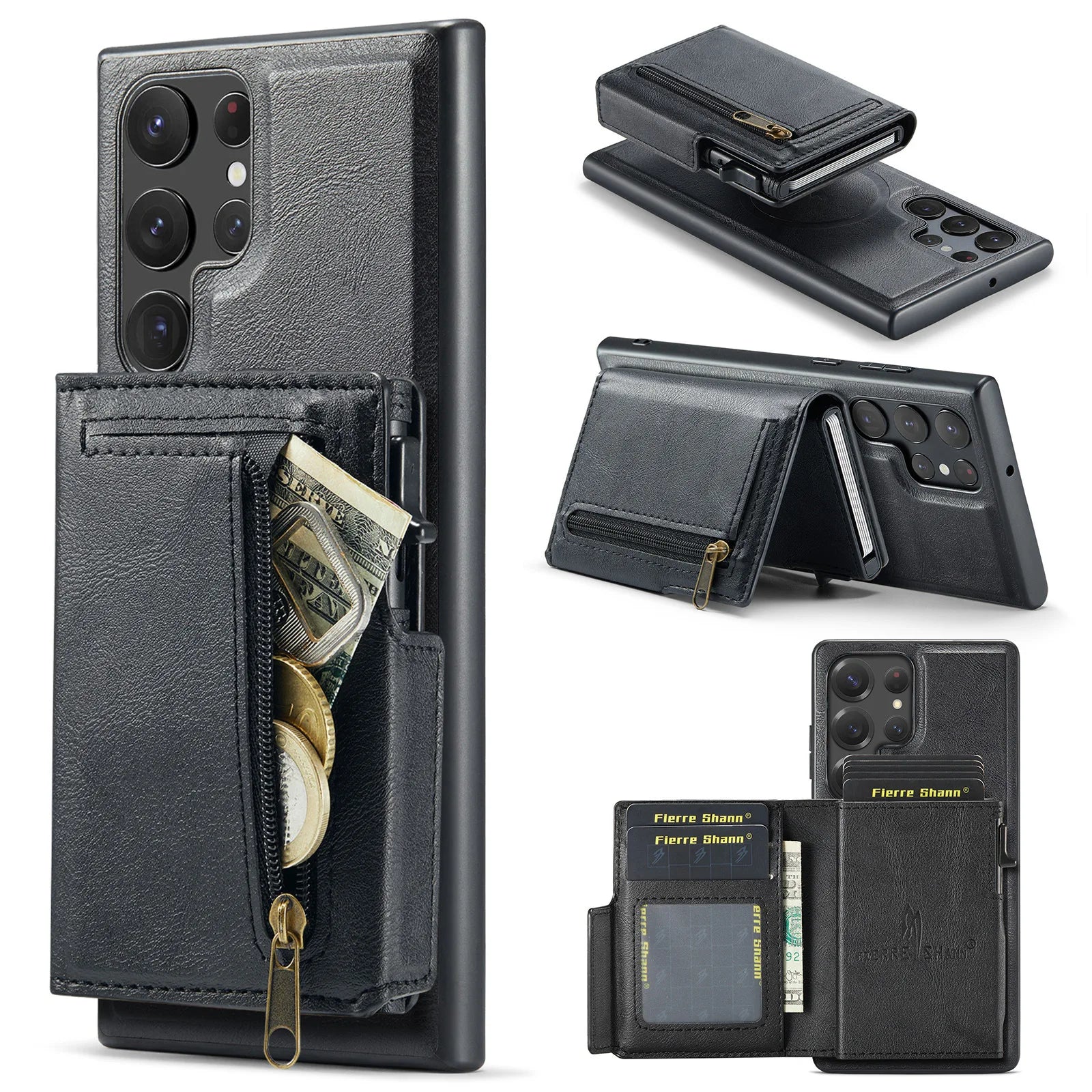 Textured Leather Detachable Zipper Card Wallet Case with Built-In Kickstand for Samsung Galaxy S25 Series