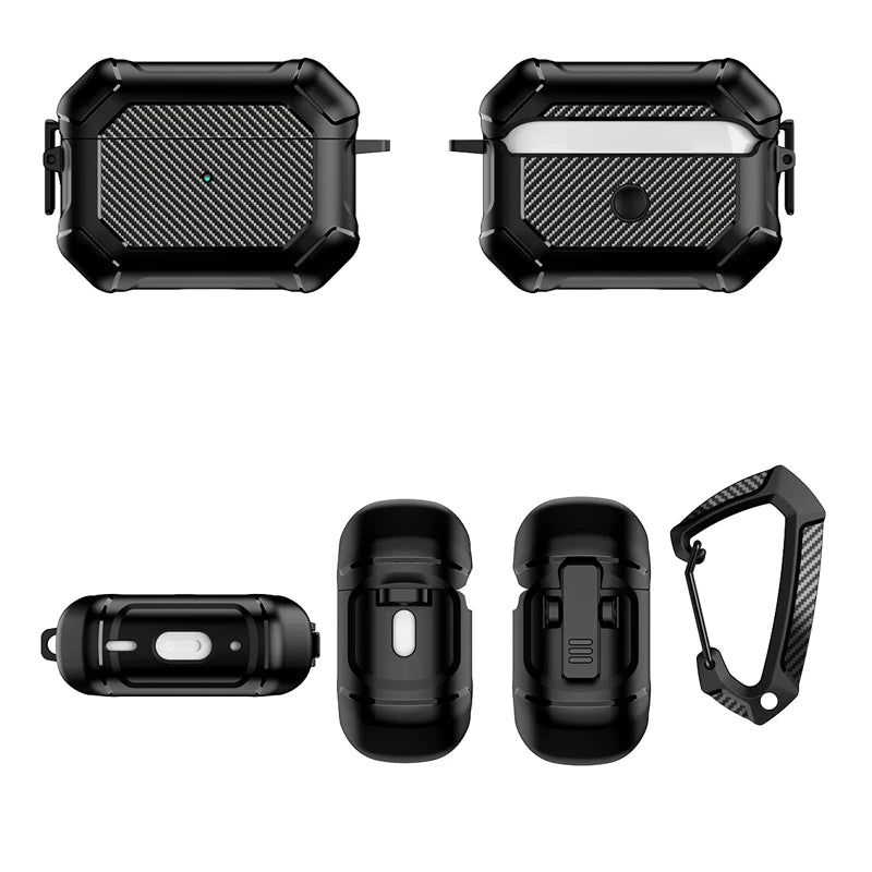 Carbon Fiber Shockproof Case with Side Switch & Hook for AirPods Pro