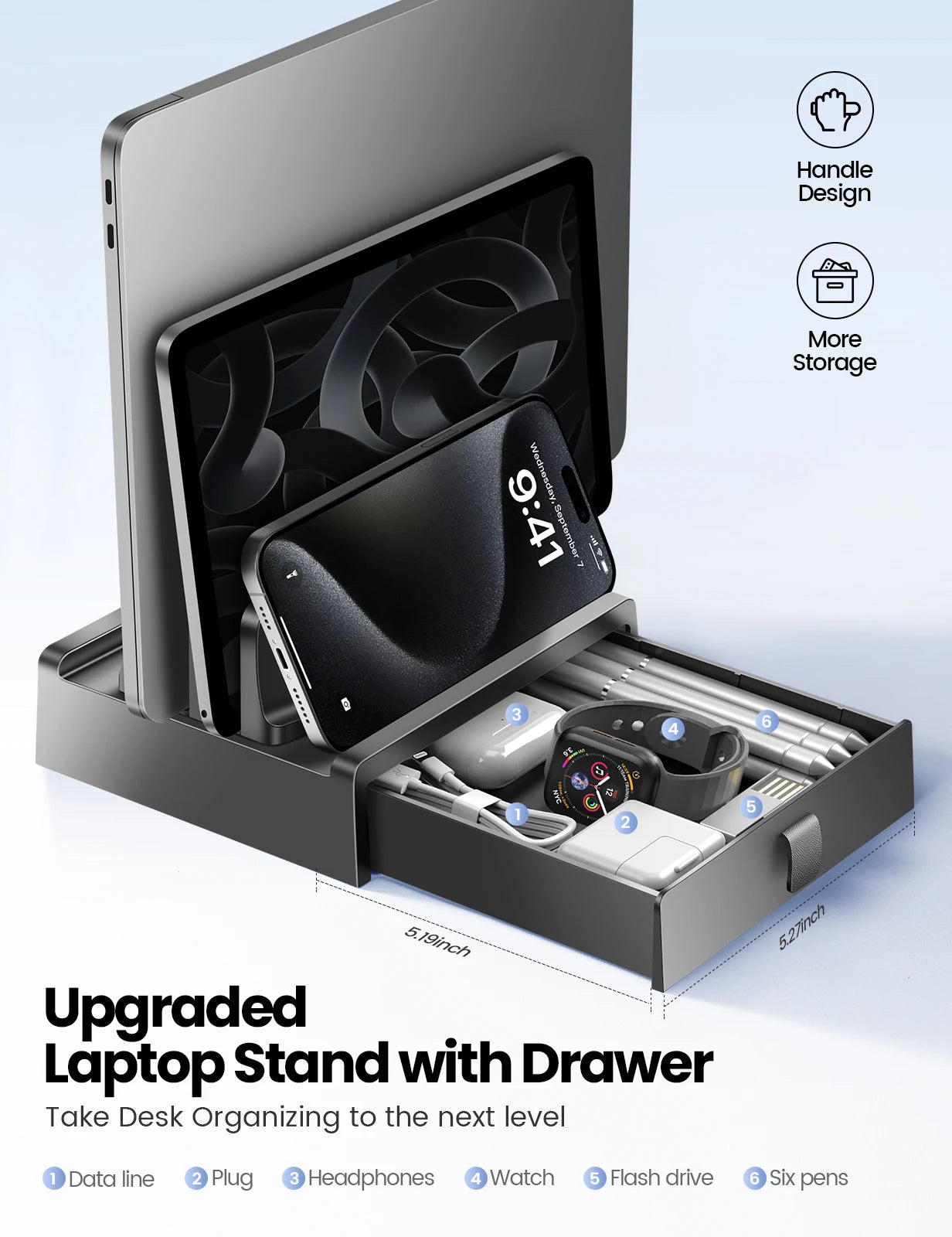 Adjustable Vertical Laptop Stand with Storage Drawer