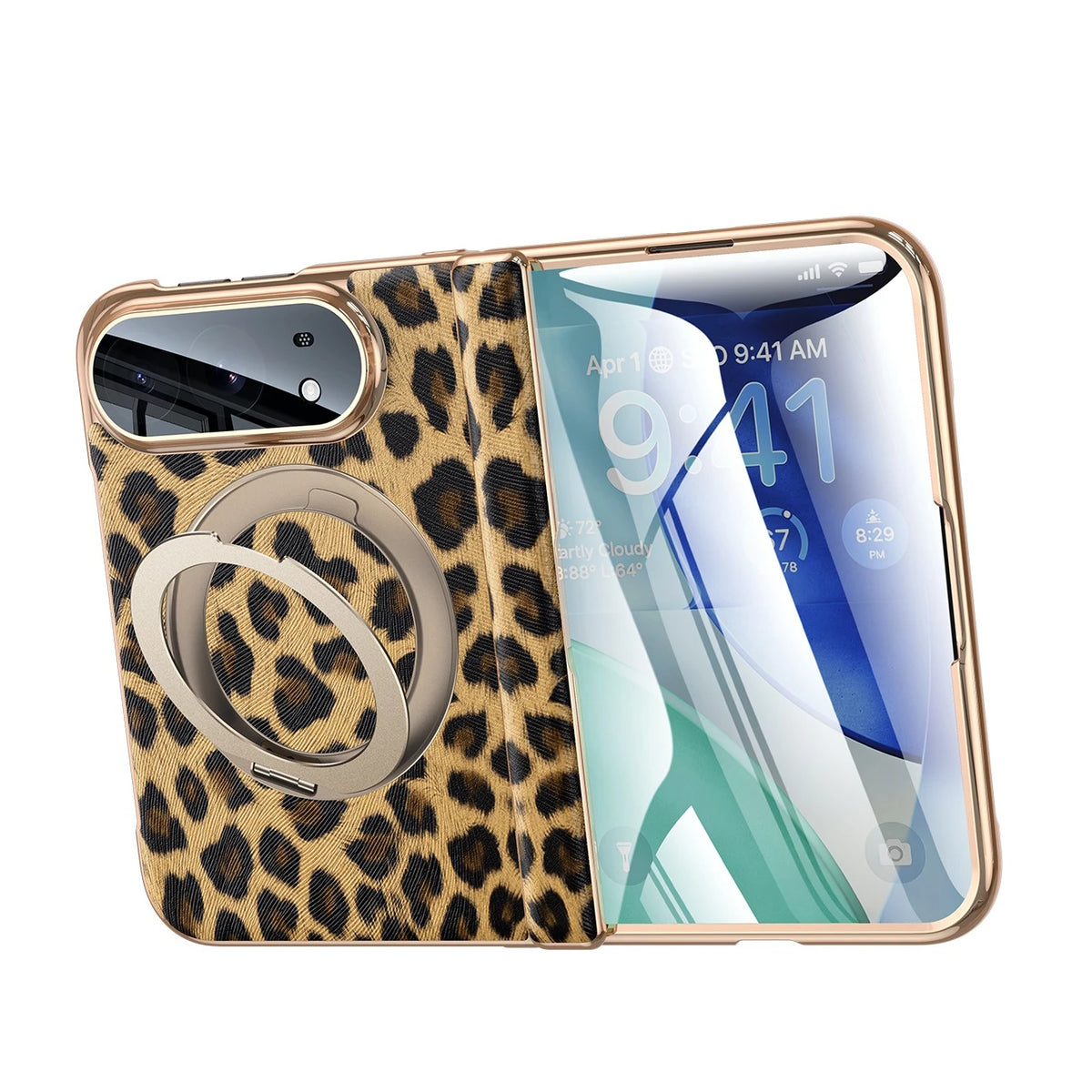 Cowhide Leopard Print MagSafe Case with 360° Rotating Ring Stand for iPhone Duo