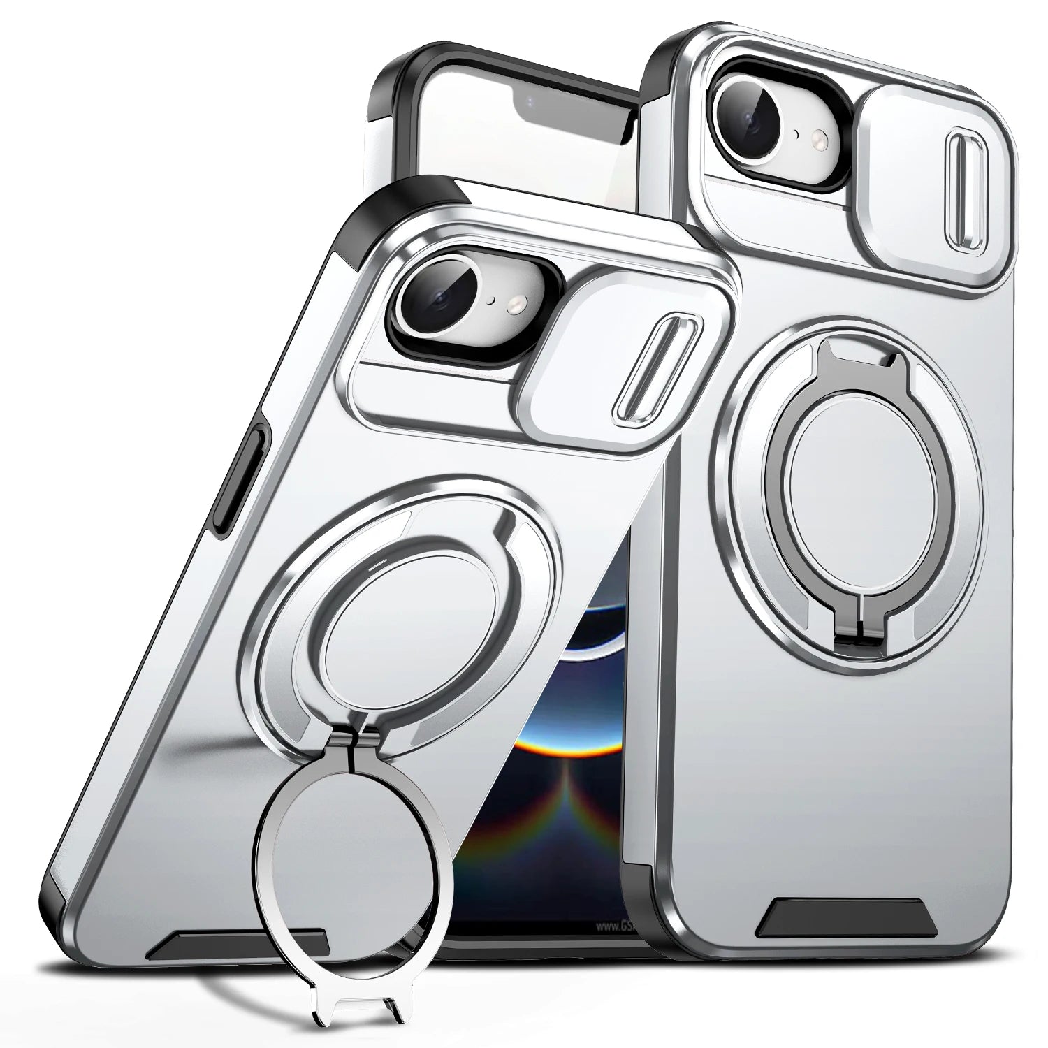 Sliding Lens Cover Shockproof Case with 360° Rotating Ring Stand for iPhone 16e