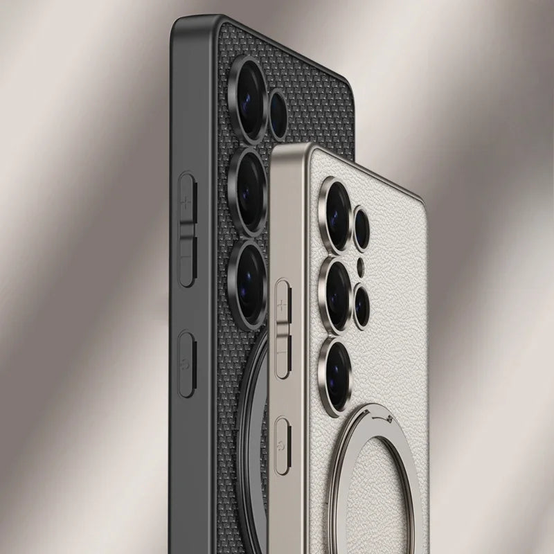 Electroplate Leather Shockproof Magnetic Case with Rotating Ring Bracket for Samsung Galaxy S25 Ultra