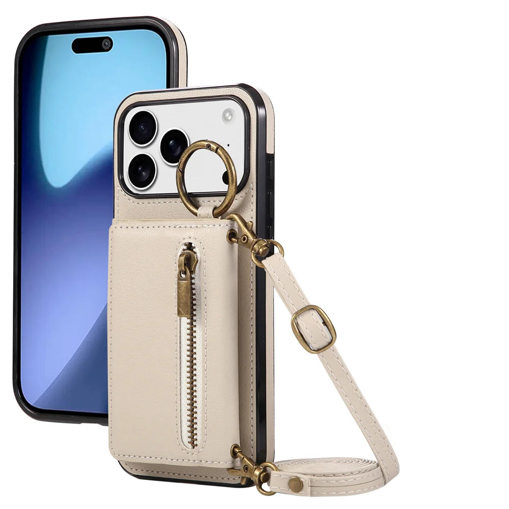 Multi-Functional Crossbody Leather Wallet Case with Ring Holder & Zipper for iPhone 17 Series