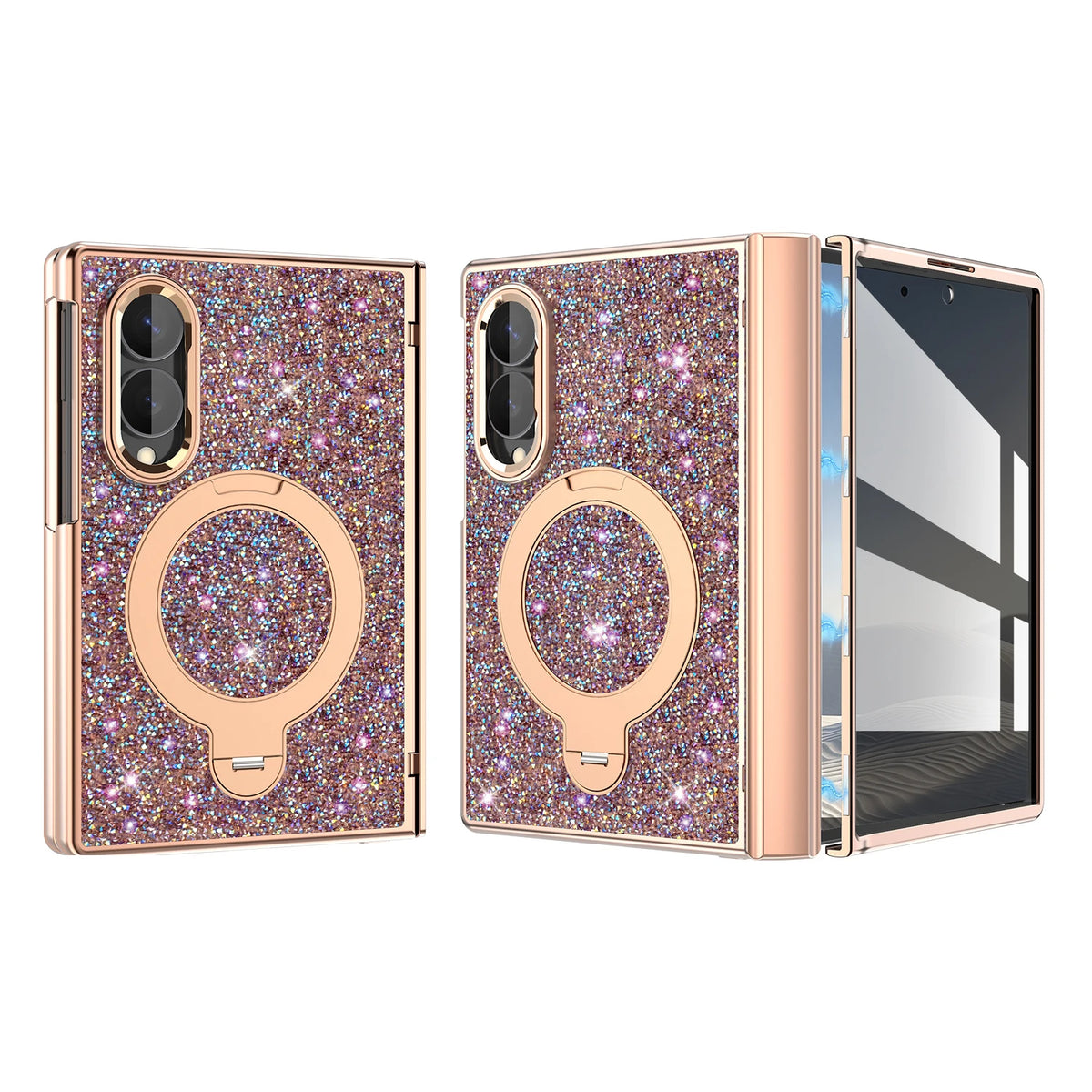 Glitter Case with Hinge Guard and Rotating Magnetic Ring Stand for Samsung Galaxy Z Fold 8