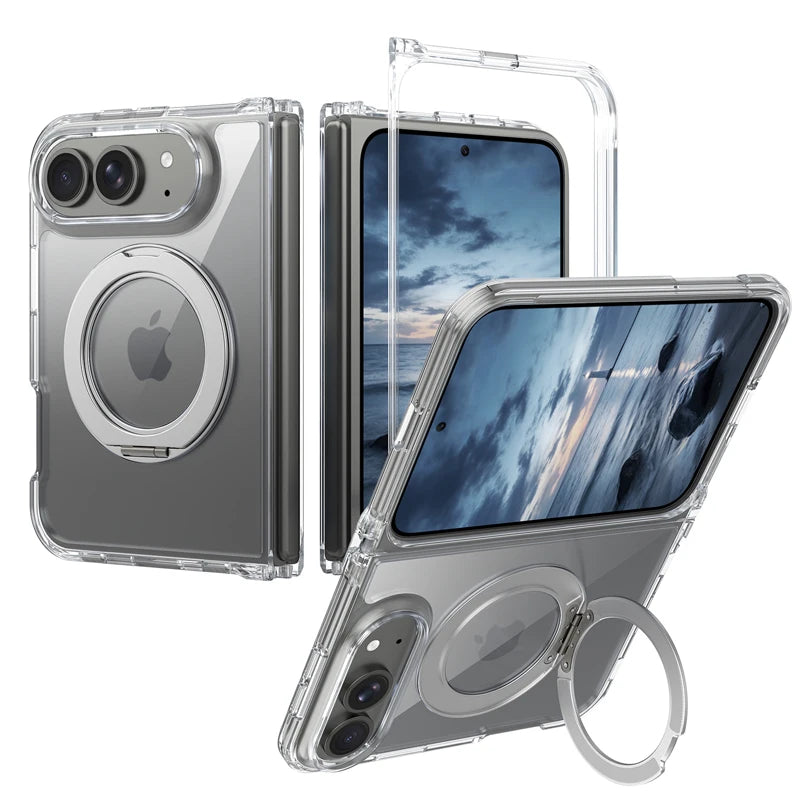 Shockproof Transparent MagSafe Case with 360° Rotating Ring Stand for iPhone Duo
