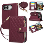 Quilted Diamond Leather Crossbody Wallet Case with Long Adjustable Lanyard Strap for iPhone Duo
