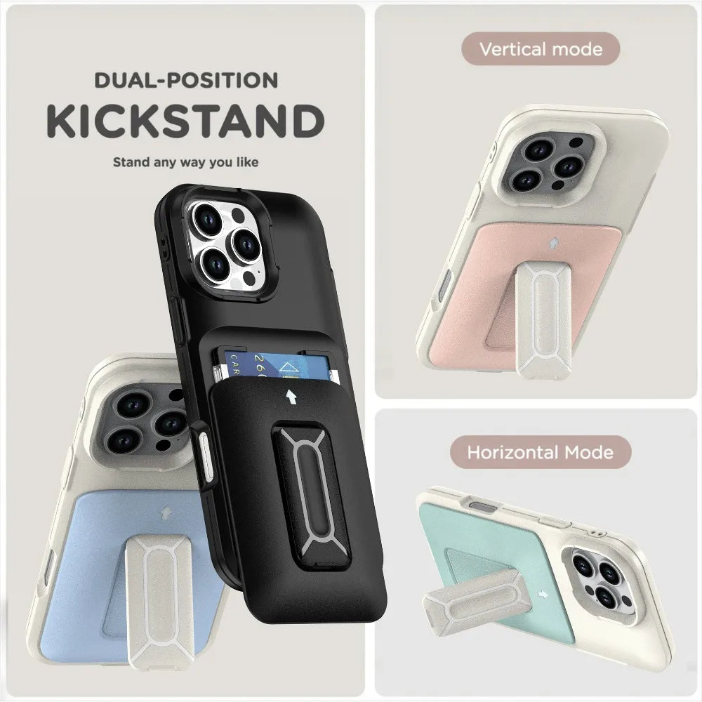 iPhone 16 Series Wallet Case with Sliding Card Holder and Kickstand