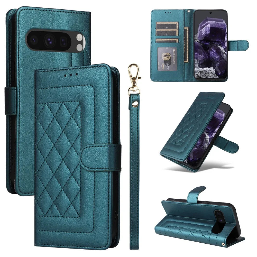 Google Pixel 9 Leather Flip Wallet Case with Wrist Strap & Card Holder