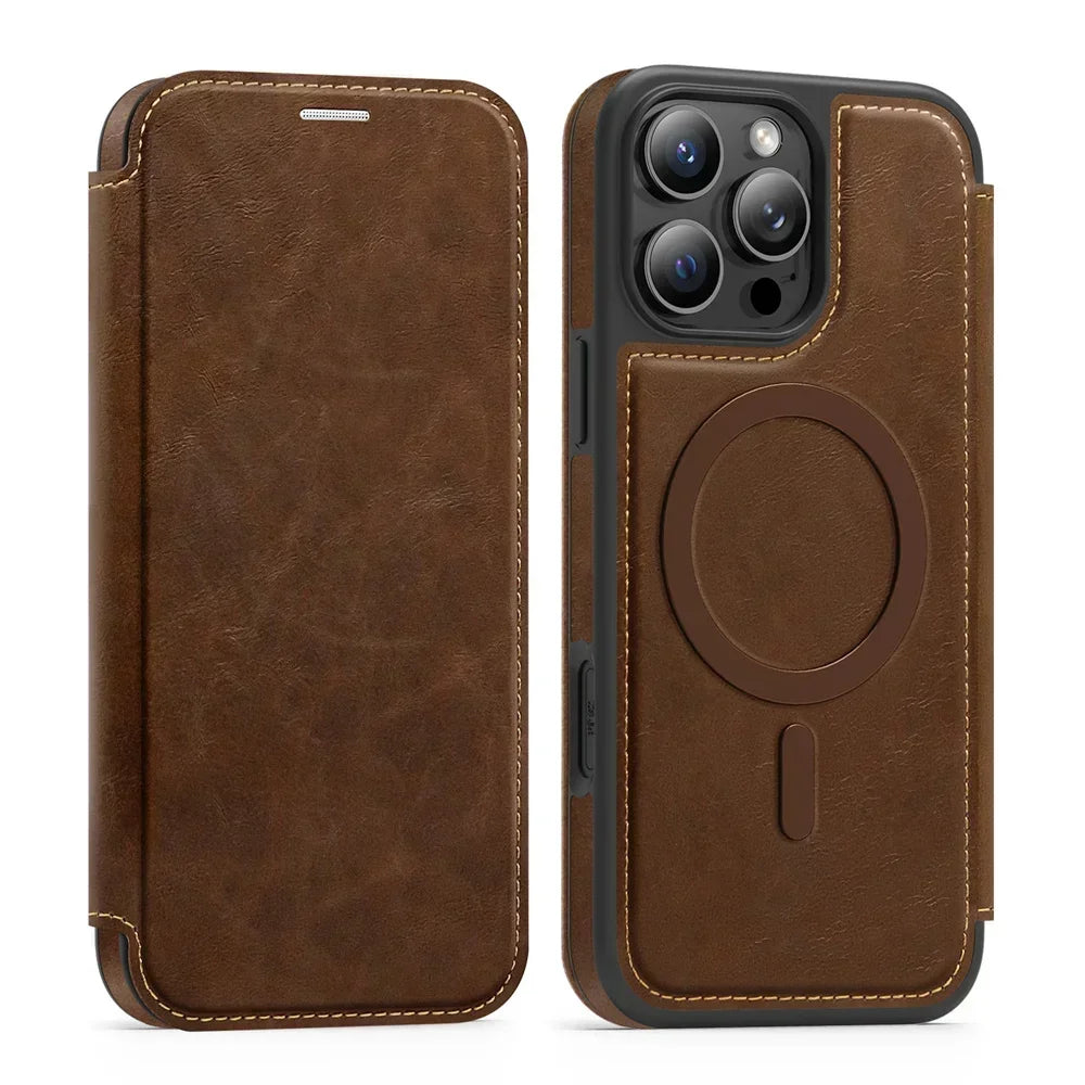 Premium Leather Flip Wallet MagSafe Case for iPhone 15 Series
