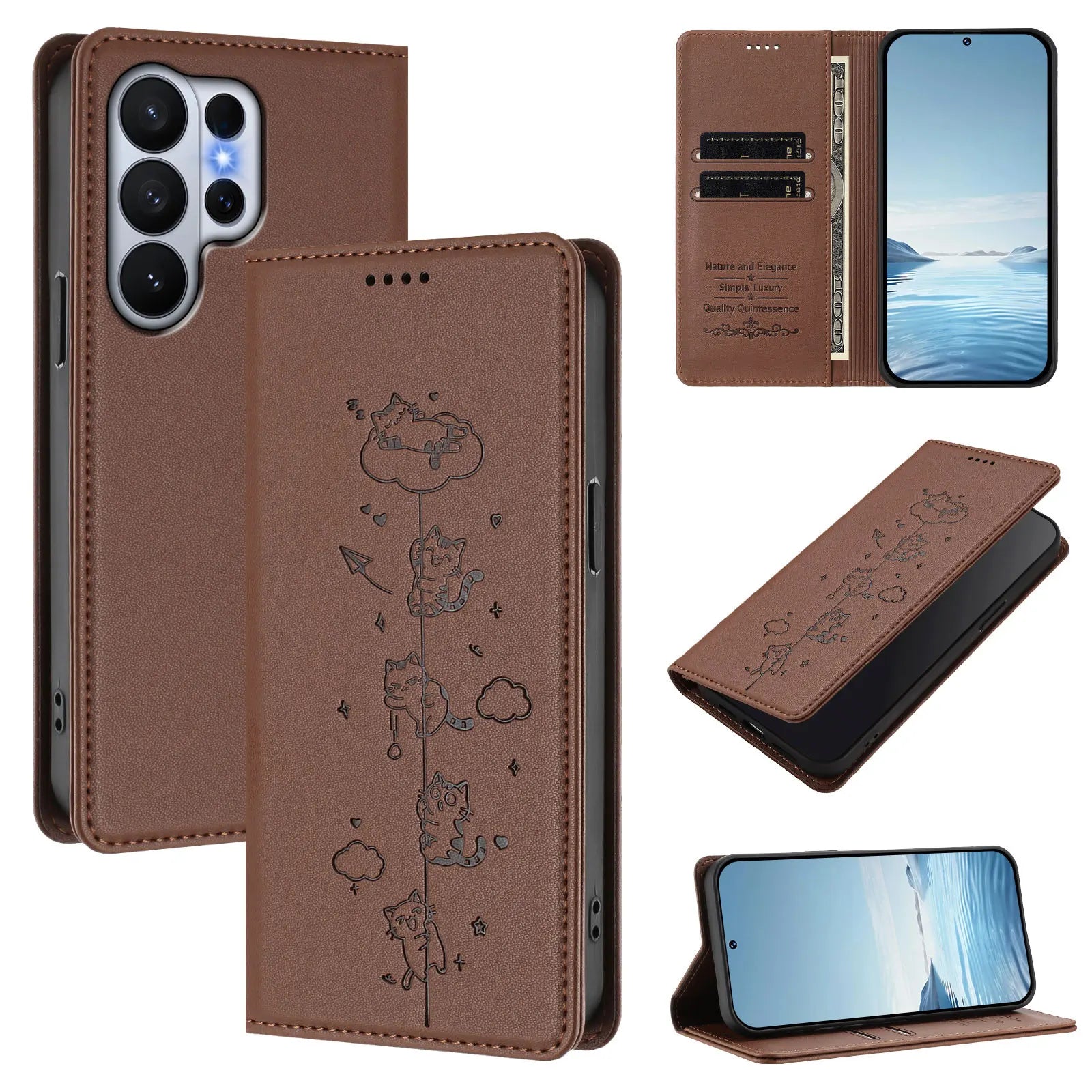 Cute Cat Embossed Leather Wallet Case for Samsung Galaxy S26 Series
