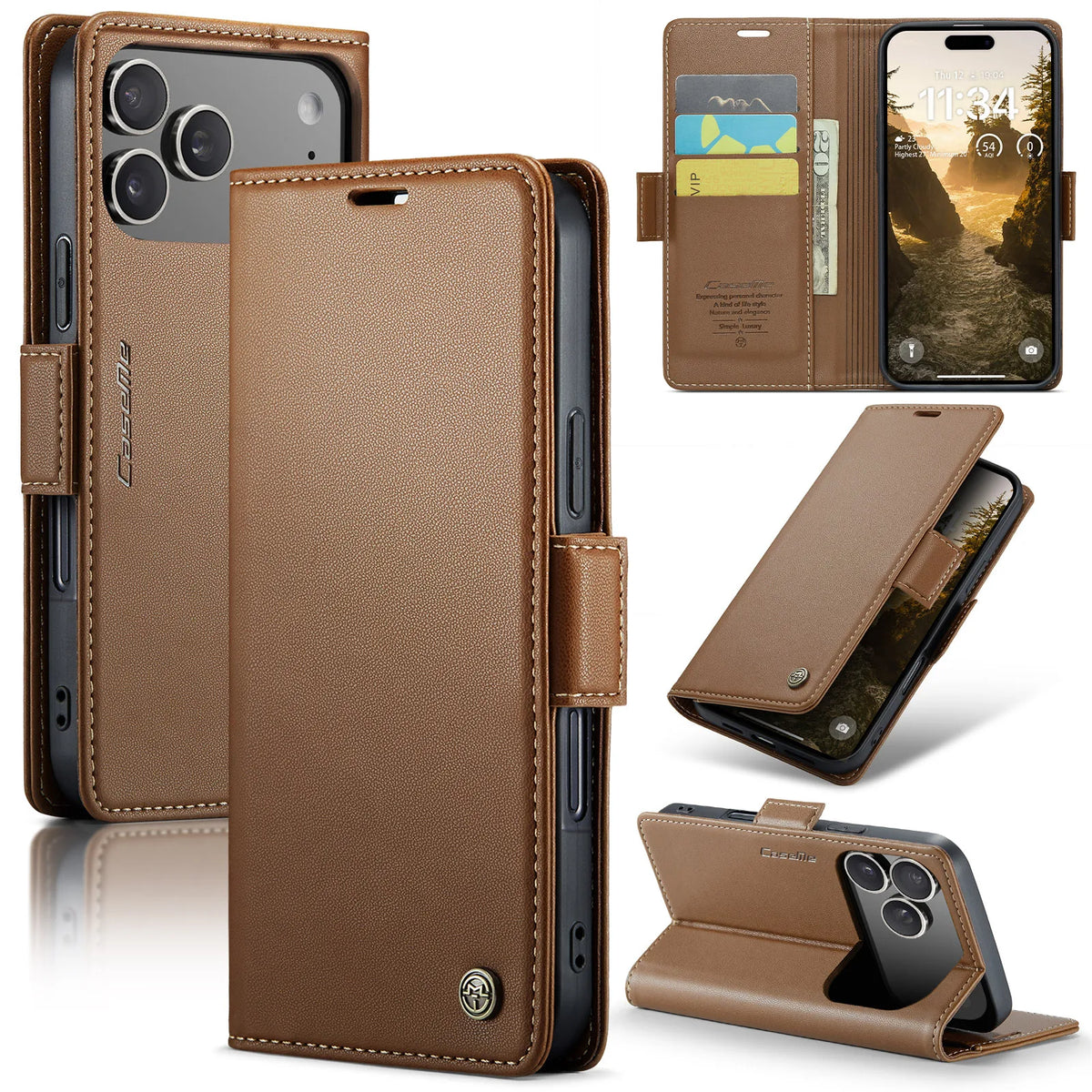 Pebbled Leather Magnetic Flip Wallet Case with Foldable Kickstand for iPhone 18 Series