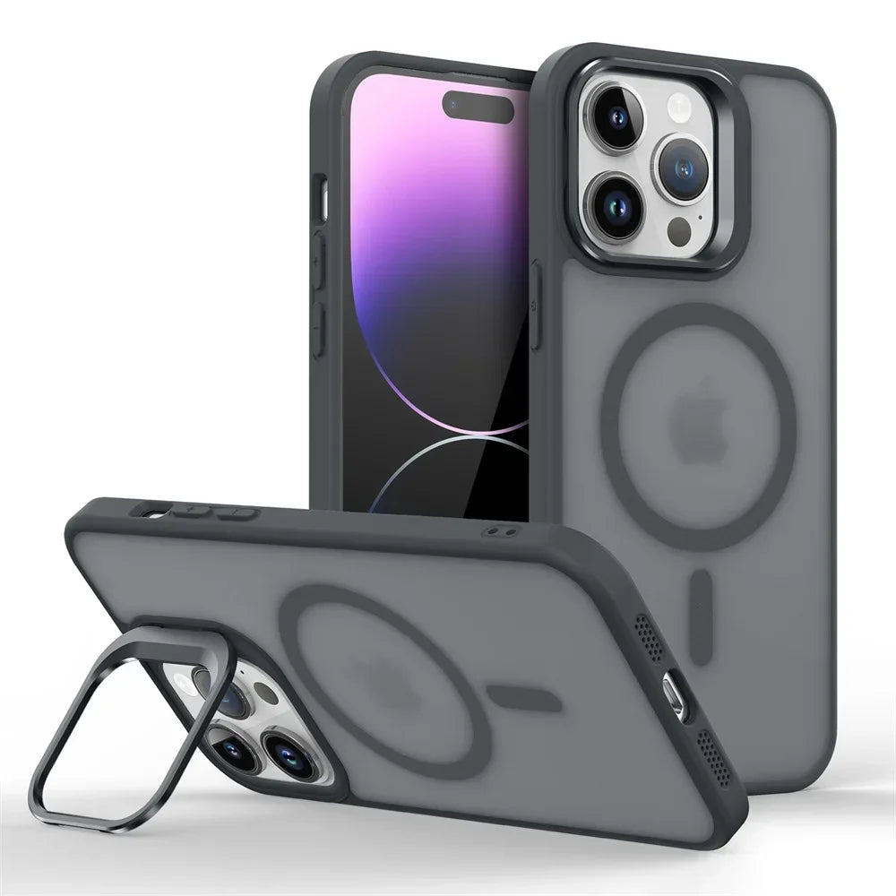 Shockproof Matte MagSafe Case with Metal Lens Stand for iPhone 15 Series