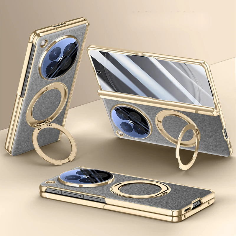 OPPO Find N6 Premium Leather PC Case with Rotating Ring Holder Stand and Privacy Glass
