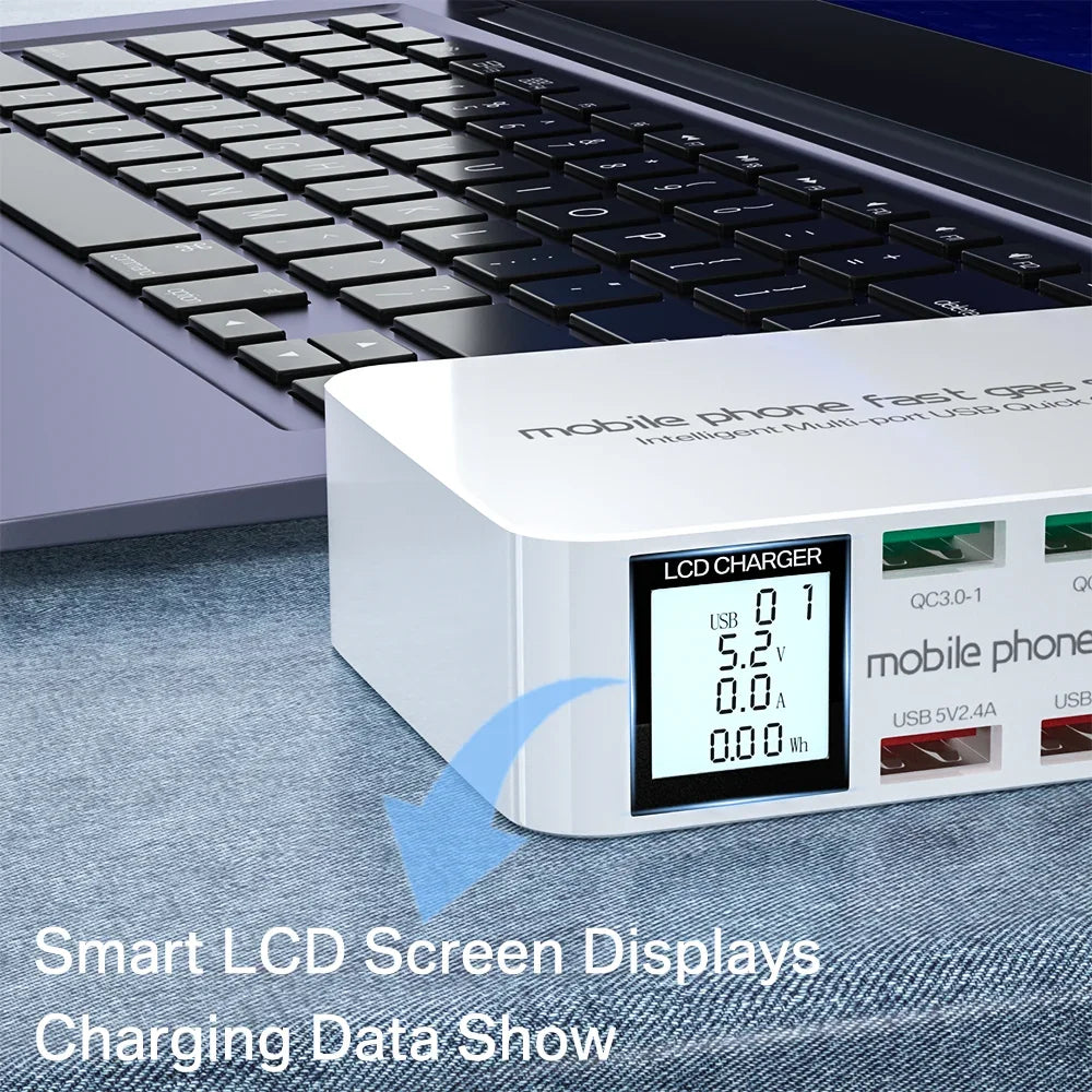 ASOMETECH 100W GaN Multi-Port USB Charger 8 Ports with Quick Charge and Digital Display