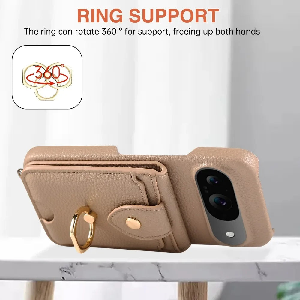Leather Crossbody Wallet Phone Case with Ring Stand and Card Holder for Google Pixel 9 Series